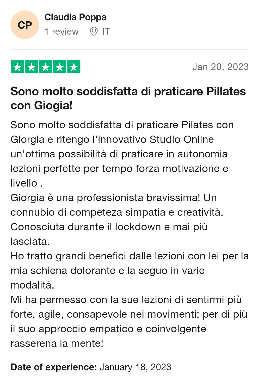 Trustpilot Testimonianza Pilates con Giorgia 07