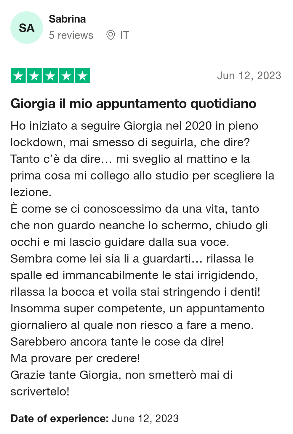 Trustpilot Testimonianza Pilates con Giorgia 07